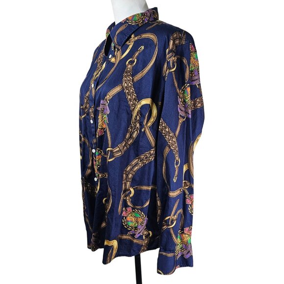 Ralph Lauren LRL Womens 3X Equestrian Crest Horseshoe Button Up Shirt Old Money - Picture 2 of 9